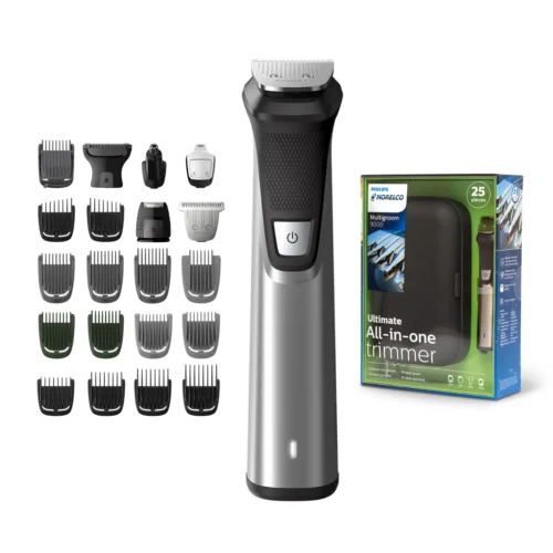 ماكينة حلاقة فيليبس Philips Norelco Multigroom 9000 MG7770، شفرات DualCut، تصميم من الفولاذ المقاوم للصدأ، وقت تشغيل 6 ساعات –  اللون : Silver